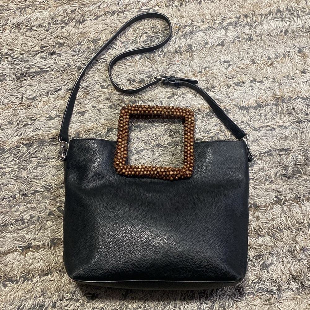 J.Jill Elegant Black pebbled Leather Bag with Wooden Handle - Picture 3 of 14